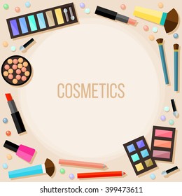 Flat cosmetic card template. Bright cosmetic product isolated on beige background. Cosmetic and beauty concept theme card. Abstract cartoon cosmetic elements for use in design.