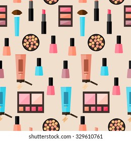 Flat cosmetic seamless pattern background. Bright cosmetic product isolated on beige cover. Cosmetic and beauty concept theme. Abstract cartoon cosmetic elements for use in design.