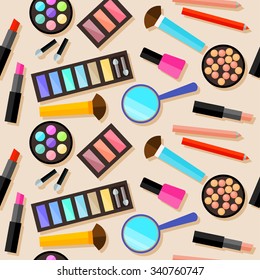 Flat cosmetic seamless pattern background. Bright cosmetic product isolated on beige cover. Cosmetic and beauty concept theme. Abstract cartoon cosmetic elements for use in design.
