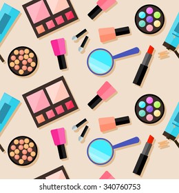 Flat cosmetic seamless pattern background. Bright cosmetic product isolated on beige cover. Cosmetic and beauty concept theme. Abstract cartoon cosmetic elements for use in design.