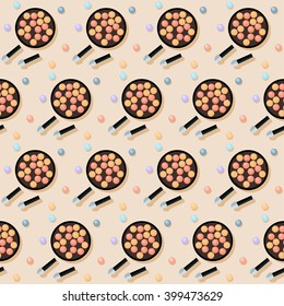 Flat cosmetic seamless pattern background. Bright cosmetic product isolated on beige cover. Cosmetic and beauty concept theme. Abstract cartoon cosmetic elements for use in design.