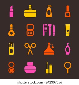 flat cosmetics bright color icons on black background