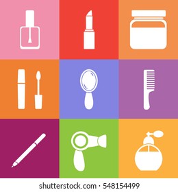 Flat cosmetics icons set. Make up elements symbols