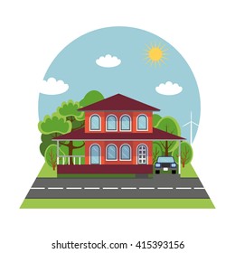 Flat cottage house,Vector Residential,Village.Simple  style modern buildings.Vector illustration.Summer,spring landscape background.Infographic banner,poster,design template.House,cottage icon