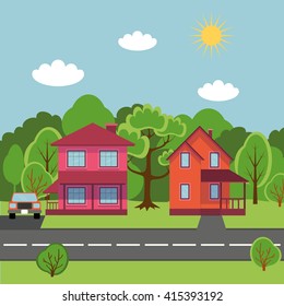 Flat cottage house,Vector Residential,Village.Simple  style modern buildings. Vector illustration.Summer,spring landscape,road,village background.Infographics banner,poster,design template, house