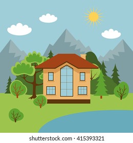 Flat cottage house,Vector Residential,Village.Simple style modern buildings. Vector illustration.Summer,spring landscape,Mountain,lake background.Infographics banner,poster,design template,house