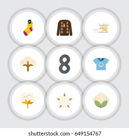 Flat Cotton Set Of Flower, Knitting, Pullover And Other Vector Objects. Also Includes Organic, Shirt, Flower Elements.