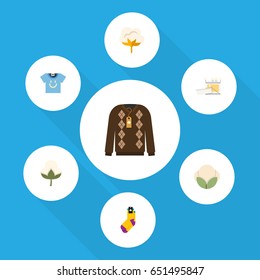 Flat Cotton Set Of Flower, Cotton, Pullover And Other Vector Objects. Also Includes Shirt, Clothes, Yarn Elements.