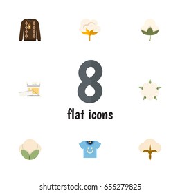 Flat Cotton Set Of Knitting, Cotton, Pullover And Other Vector Objects. Also Includes Clothes, Yarn, Shirt Elements.