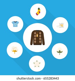 Flat Cotton Set Of Pullover, Knitting, Flower And Other Vector Objects. Also Includes Half-Hose, Sweater, Yarn Elements.