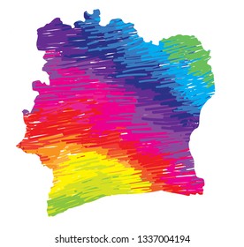 
Flat country map
Cote d'Ivoire. Multicolored drawing markers. Bright colours.