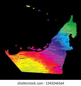 Flat country map UAE. Multicolored drawing markers. Bright colours.