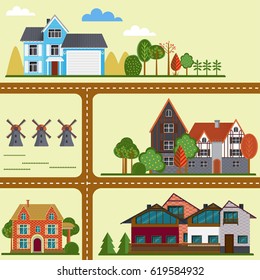 Flat countryside map concept with road suburban houses cottages villas mills and trees vector illustration