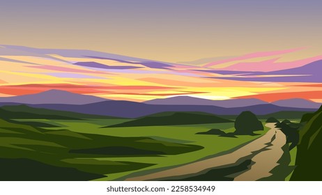 Flat countryside sunset landscape with pathway through meadow