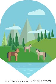 Flat countryside view, green hills and mountains, horses by the lake
Vector illustration.

