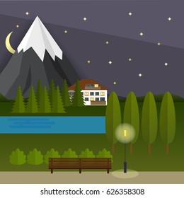 Flat countryside village at night, cute house, Alps mountain, pond and fir trees, bushes. Walking road at park, bench and street lantern.