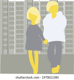Flat couple holding hands walks around the city