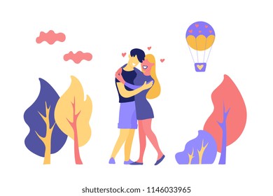 Flat couple hugging with hearts icon, trees clouds and hot air balloon around. Male, female characters expressing love care and tenderness, man woman embracing each other symbol of togetherness vector