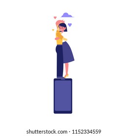 Flat couple hugging with hearts icon around standing at smartphone. Male, female characters and online dating concept, man and woman embracing each other, symbol of togetherness. Vector illustration
