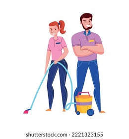 Flat couple of professional workers from cleaning service with vacuum cleaner vector illustration