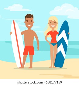Flat Couple with surfboard on sea beach nature background vector illustration. Vacation concept.