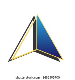 Flat coursor sign. Blue icon with gold contour with dark gray shadow at white background. Illustration.