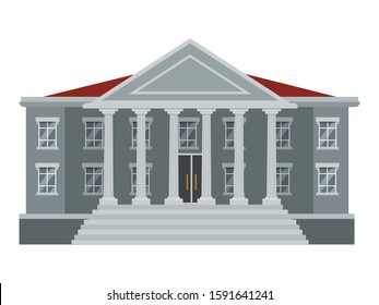 Flat court or government municipal building with six pillars. Exterior architecture house facade. Construction public institution. Grey brick with red roof. Vector cartoon courthouse illustration