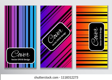 Flat cover gradient stripe design. Contrast cover for header page of flyer. Layout with black stripes on colorful gradient background for business purpose.