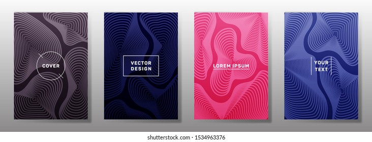 Flat cover templates set. Fluid curve shapes geometric lines patterns. Halftone backgrounds for notepads, notice paper covers. Lines texture, header title elements. Cover page templates.