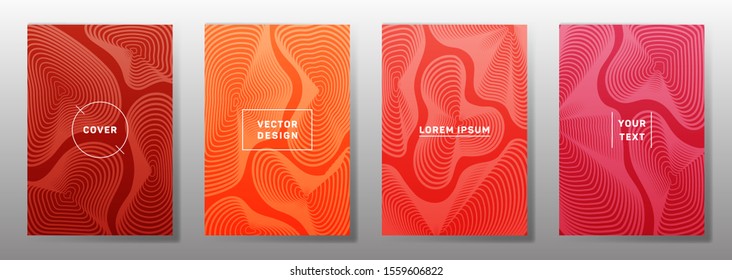 Flat cover templates set. Fluid curve shapes geometric lines patterns. Halftone poster, flyer, banner vector backgrounds. Line shapes patterns, header elements. Cover page layouts set.