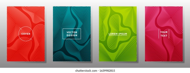 Flat cover templates set. Fluid curve shapes geometric lines patterns. Digital backgrounds for cataloges, corporate brochures. Line stripes graphics, title elements. Cover page layouts set.