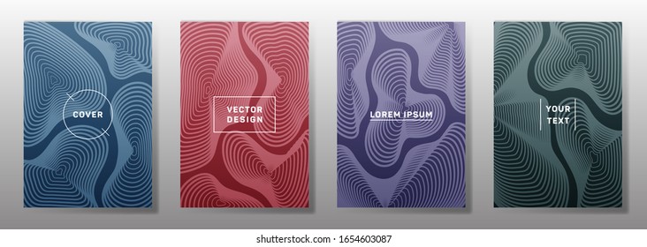 Flat cover templates set. Fluid curve shapes geometric lines patterns. Geometric backgrounds for catalogues, business magazine. Line shapes patterns, header elements. Annual report covers.