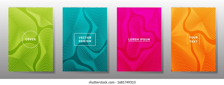 Flat cover templates set. Fluid curve shapes geometric lines patterns. Halftone backgrounds for catalogues, business magazine. Lines texture, header title elements. Cover page templates.