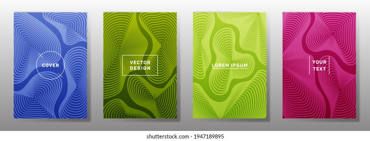 Conjunto de plantillas de portada plana. La curva de fluidos da forma a los patrones de líneas geométricas. Afiche geométrico, volante, fondos vectoriales de banner. Patrones de formas de línea, elementos de encabezado. El informe anual abarca las cuestiones.