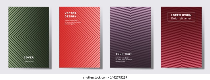 Flat cover templates set. Geometric lines patterns with edges, angles. Linear backgrounds for cataloges, corporate brochures. Line shapes patterns, header elements. Cover page layouts set.