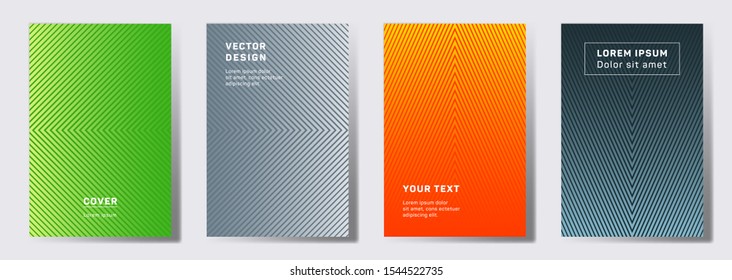 Flat cover templates set. Geometric lines patterns with edges, angles. Halftone poster, flyer, banner vector backgrounds. Line stripes graphics, title elements. Cover page layouts set.
