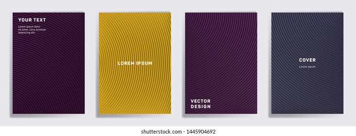 Flat cover templates set. Radial semicircle geometric lines patterns. Digital backgrounds for notepads, notice paper covers. Lines texture, header title elements. Annual report covers.