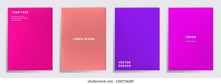Flat cover templates set. Radial semicircle geometric lines patterns. Cool backgrounds for notepads, notice paper covers. Line shapes patterns, header elements. Cover page templates.