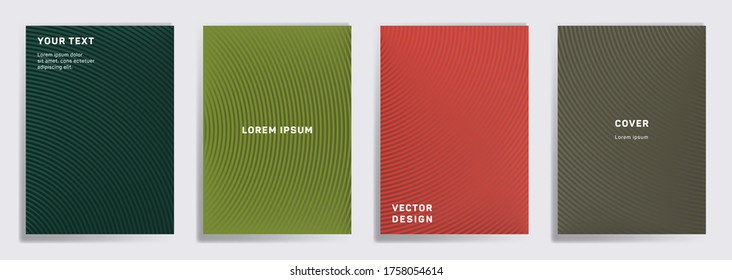 Flat cover templates set. Radial semicircle geometric lines patterns. Geometric backgrounds for notepads, notice paper covers. Lines texture, header title elements. Annual report covers.
