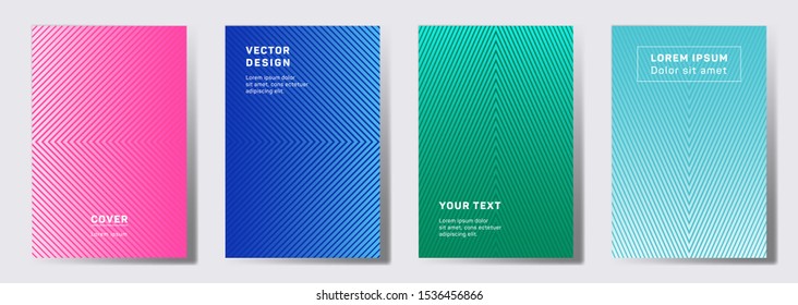 Flat covers linear design. Geometric lines patterns with edges, angles. Halftone backgrounds for notepads, notice paper covers. Line stripes graphics, title elements. Cover page layouts set.