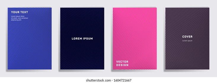 Flat covers linear design. Radial semicircle geometric lines patterns. Gradient backgrounds for cataloges, corporate brochures. Line shapes patterns, header elements. Cover page layouts set.