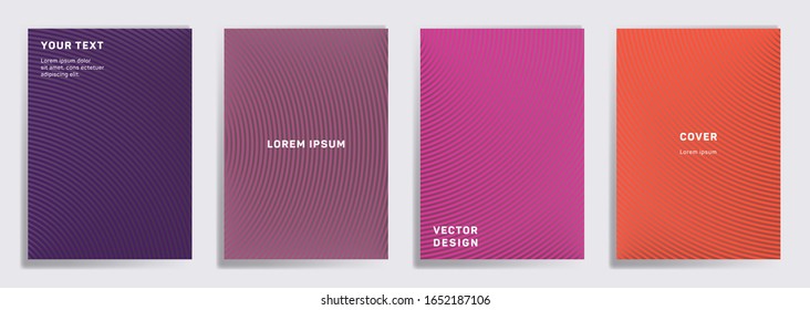 Tapas planas de diseño lineal. Patrones de líneas geométricas de semicírculo radial. Cartel geométrico, volante, fondos vectoriales banner. Dibujos de franjas de línea, elementos de título. Plantillas de portada.