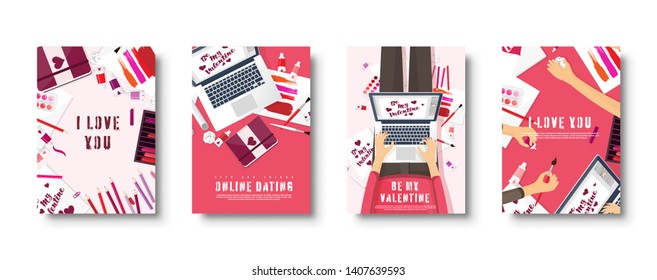 Flat covers set. Love and hearts. Valentines day. Be my valentine. 14 February. Vector illustration. Holiday card.