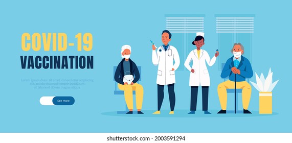Flat covid19 vaccination horizontal banner with doctors and patients vector illustration