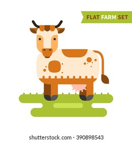 Flat cow colorful vector illustration. Isolated cow logo for your design in flat style. Cute cow grazing on green lawn. Part of flat farm set.