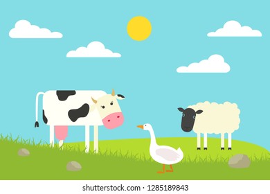 Flat Cow, goose and sheep standing on field. Vector illustration.