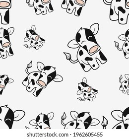 Flat cow vector seamless pattern. Cute cattle cartoon vector with smile emotion. Milk veal design. Cow flat character for wrapping and texture, farm animal. Cattle seamless pattern on white background