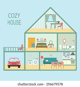 flat cozy house section with interior living room, functional attic, balcony and garage. vector illustration