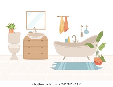 Flat cozy interior, bathroom with furniture and decor illustration, vector hand drawn design. Home decorations for modern interior. bath, toilet, dresser, mirror, carpet and houseplant,