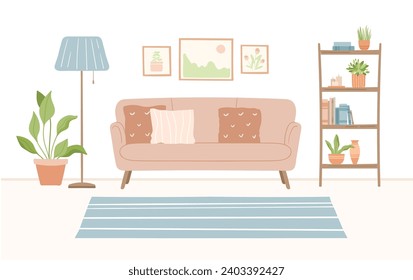 Flat cozy interior, living room with furniture and decor, vector hand drawn illustration. Home decorations for modern interior. Stylish sofa, carpet, couch, lamp, houseplant, shelves